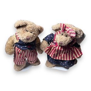 Russ Berrie Handmade Dressed Celebrate American Boy & Girl Teddy Bears W/ Stand
